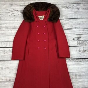 VTG Swing Mink Fur Collar Coat Red S/M 50s Black Winter Wool Blend Joseph Stein